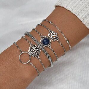 Meditation Theme 6 PC stackable chain bracelet set - lotus silver - BRAND NEW